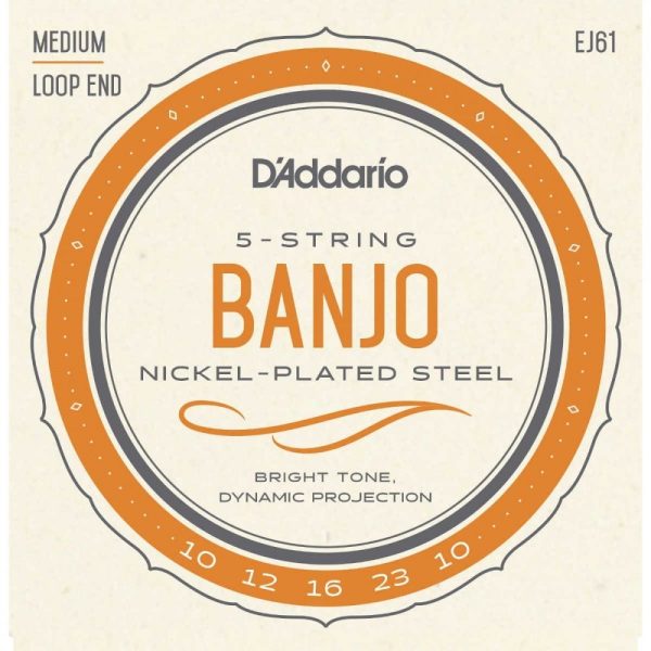 D'Addario EJ61 Nickel 5-String Medium Loop End Banjo Strings 10-23 Gauges