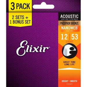 3 Sets of Elixir Phosphor Bronze Nanoweb Light 12-53 Coated Acoustic Guitar Strings