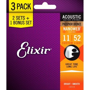 3 Sets of Elixir Phosphor Bronze Nanoweb Custom Light 11-52 Coated Acoustic Guitar Strings