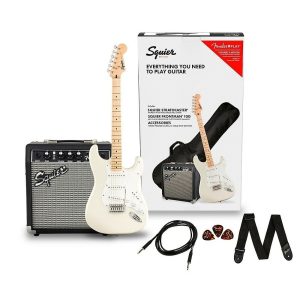 Squier FSR Olympic White Stratocaster Electric Guitar Pack with Frontman 10G Amplifier and Accessories