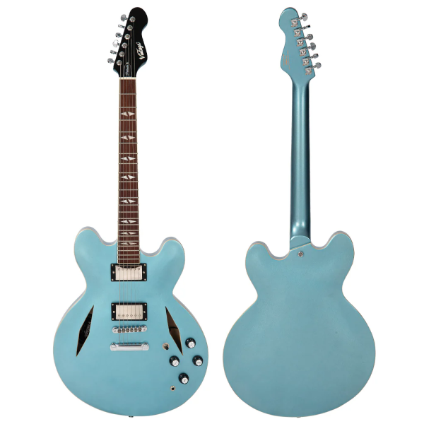 Vintage VSA500 Reissued Series Pretender Semi-Hollow Electric Guitar, Gun Hill Blue