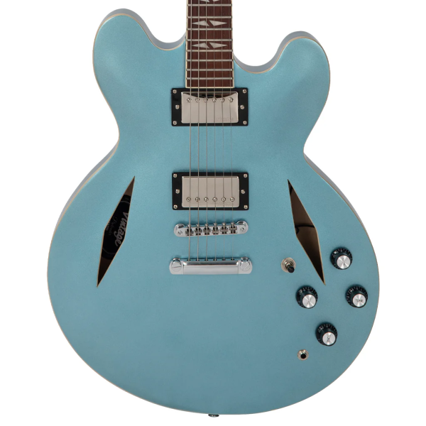 Vintage VSA500 Reissued Series Pretender Semi-Hollow Electric Guitar, Gun Hill Blue