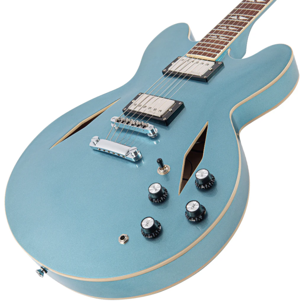 Vintage VSA500 Reissued Series Pretender Semi-Hollow Electric Guitar, Gun Hill Blue